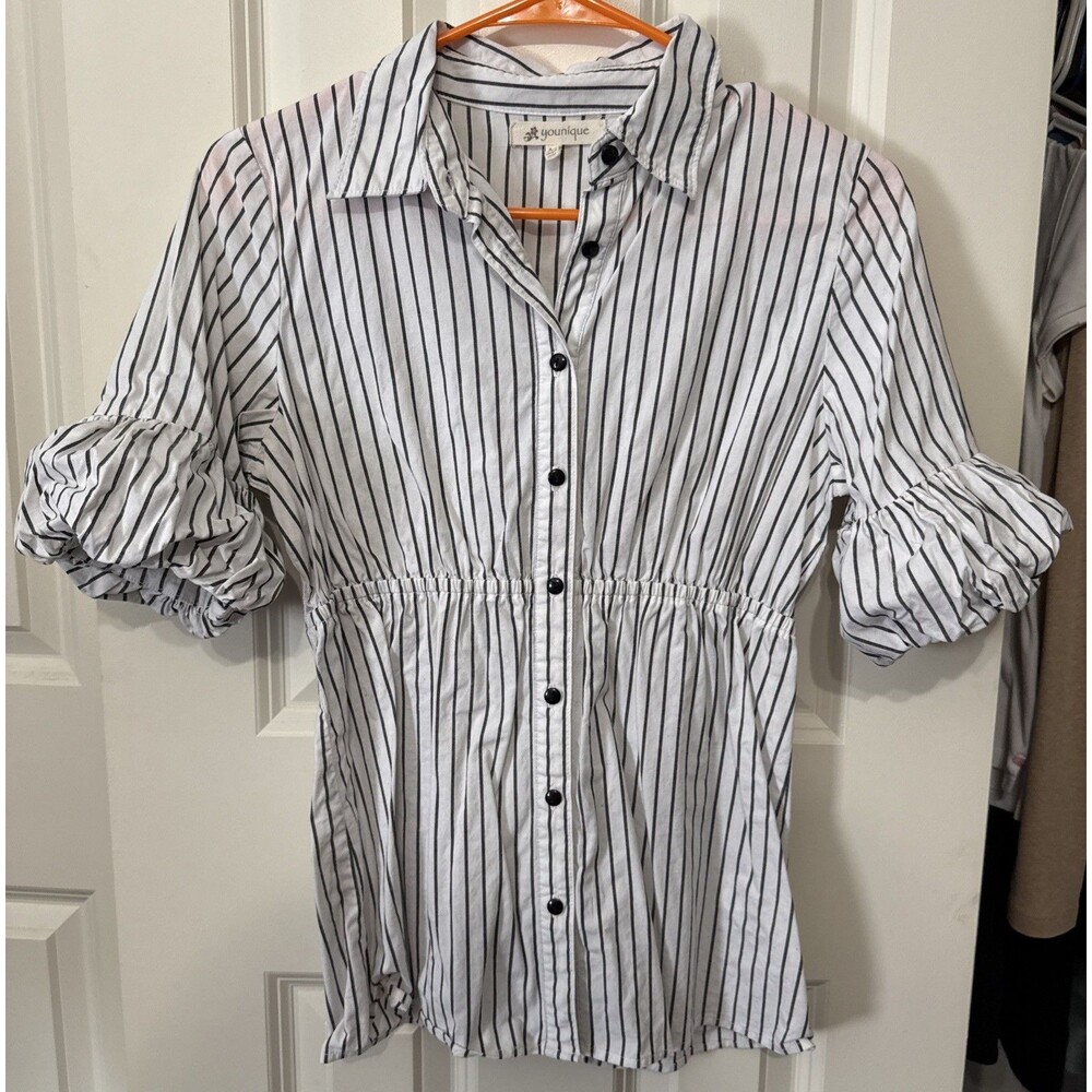 Women’s Sz Medium Younique Brand Y2K Era Striped Puff Sleeve Empire Waist Blouse